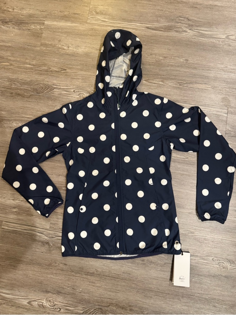 Herschel Supply Co Navy Polka Dot Hooded Rain Jacket NWT Size XS